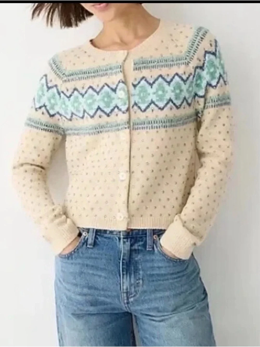 Crystal-embellished Fair Isle cardigan sweater in Supersoft yarn